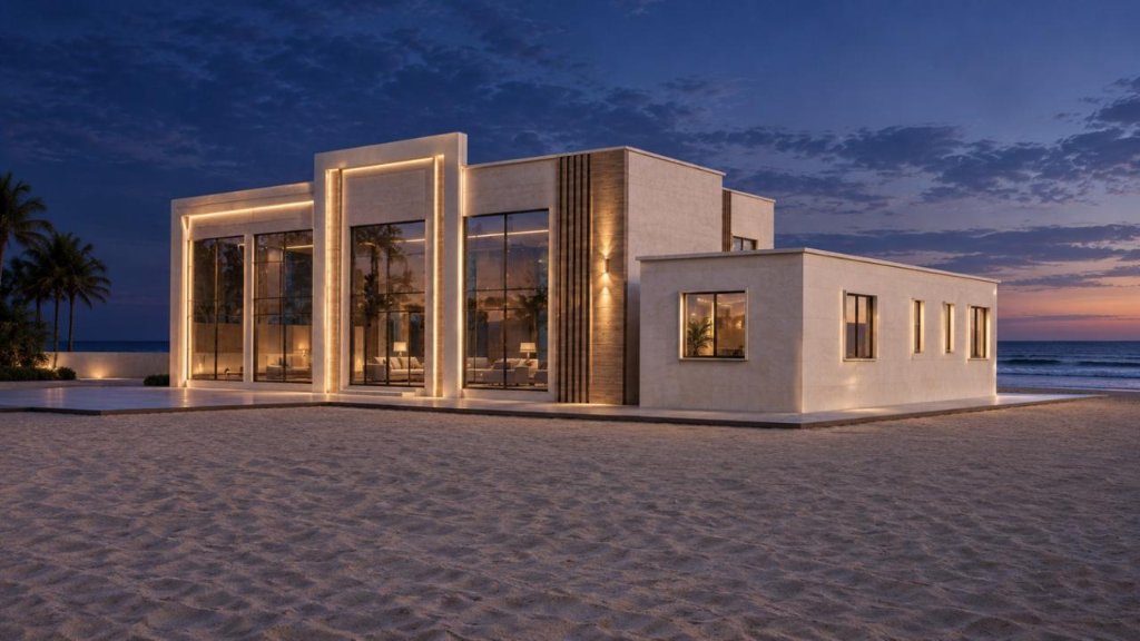 Luxury waterfront villa at night in Dubai